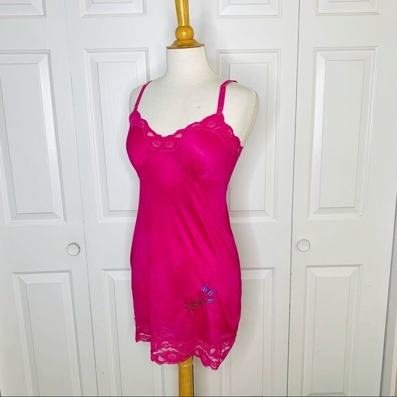 Vintage Lingerie Fuchsia Pink Barbiecore Embroidered  Slip Nightgown - Small - Picture 6 of 8